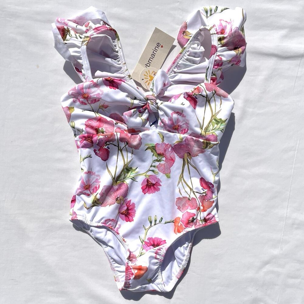 Submarine Designer One Piece Swimsuit Girls 6T Watercolor White Floral Ruffle